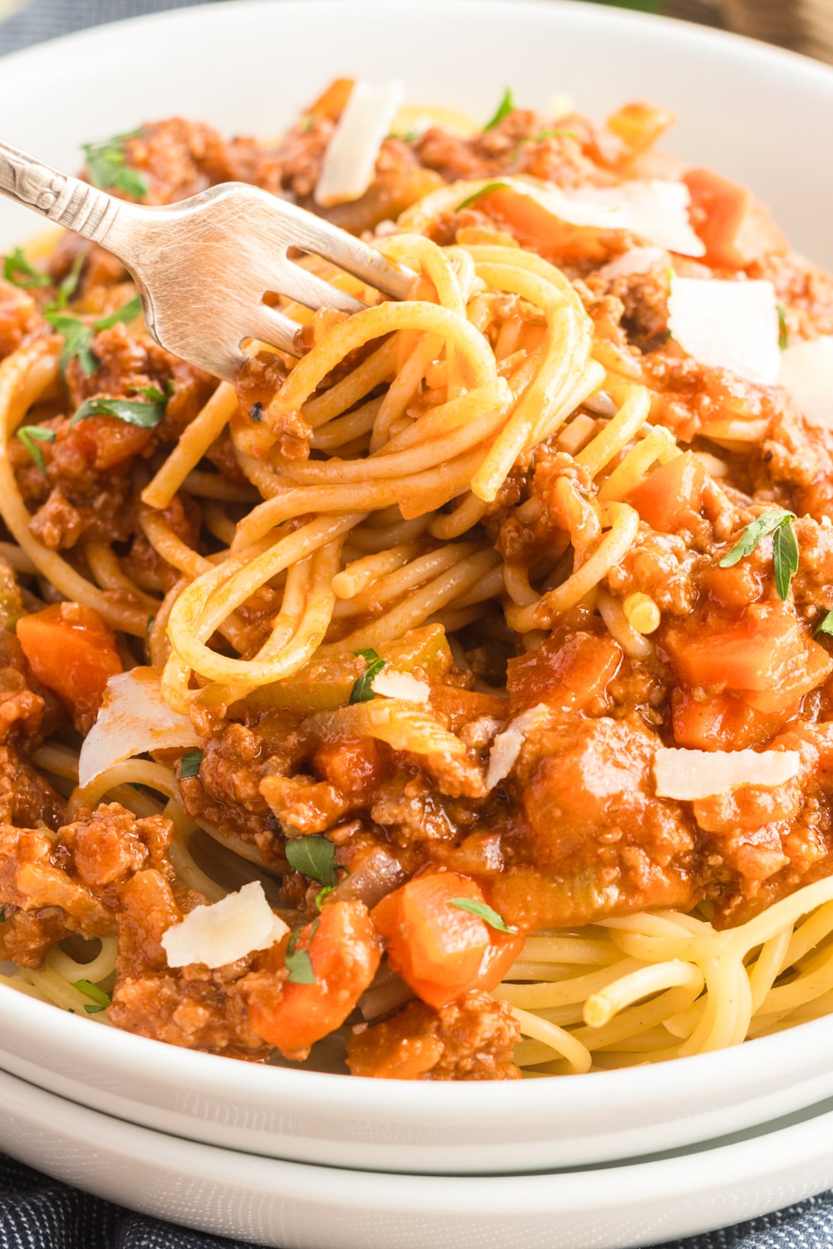 spaghetti bolognese twirled on a fork.