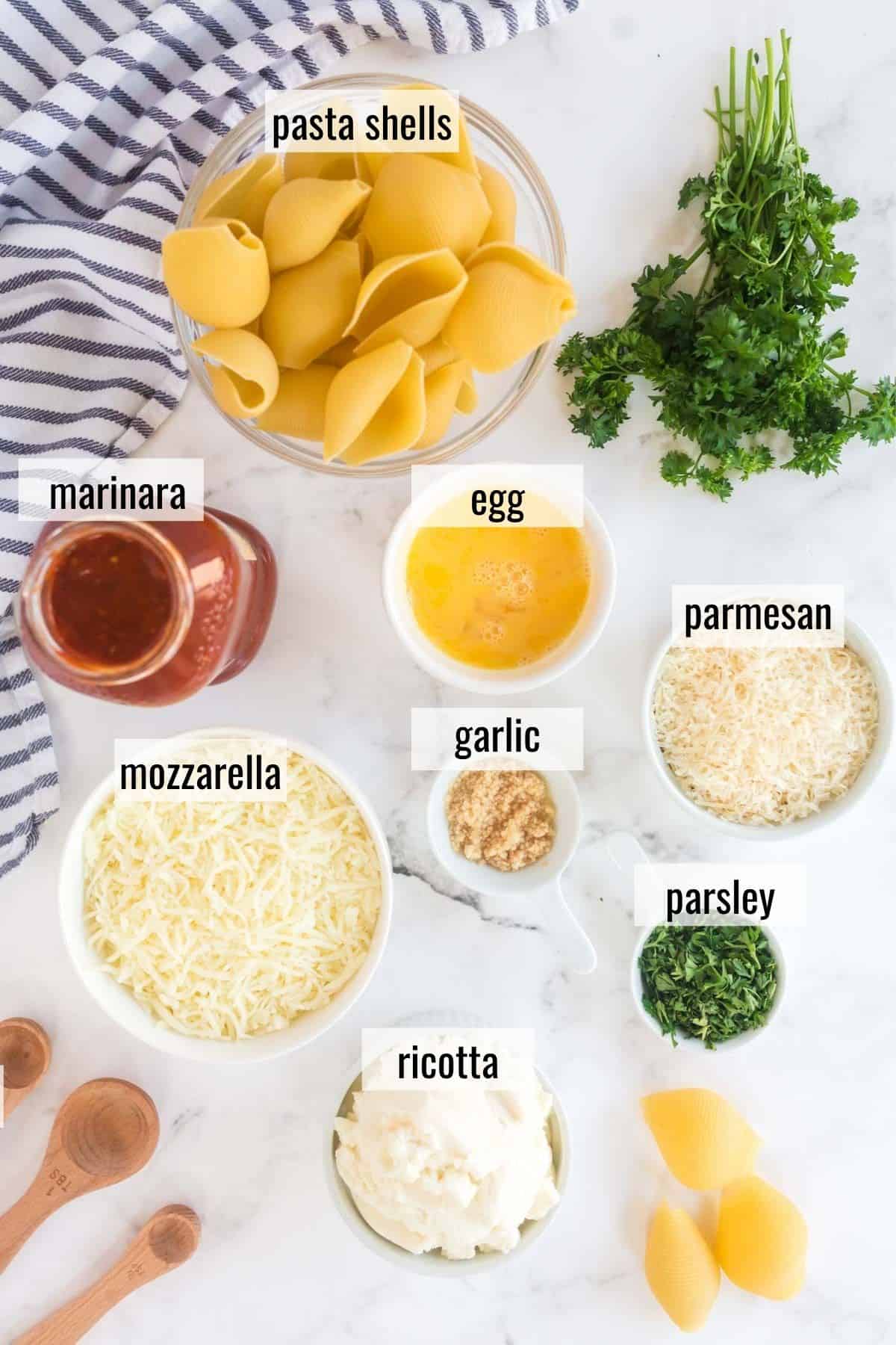 stuffed shells ingredients laid out and labeled