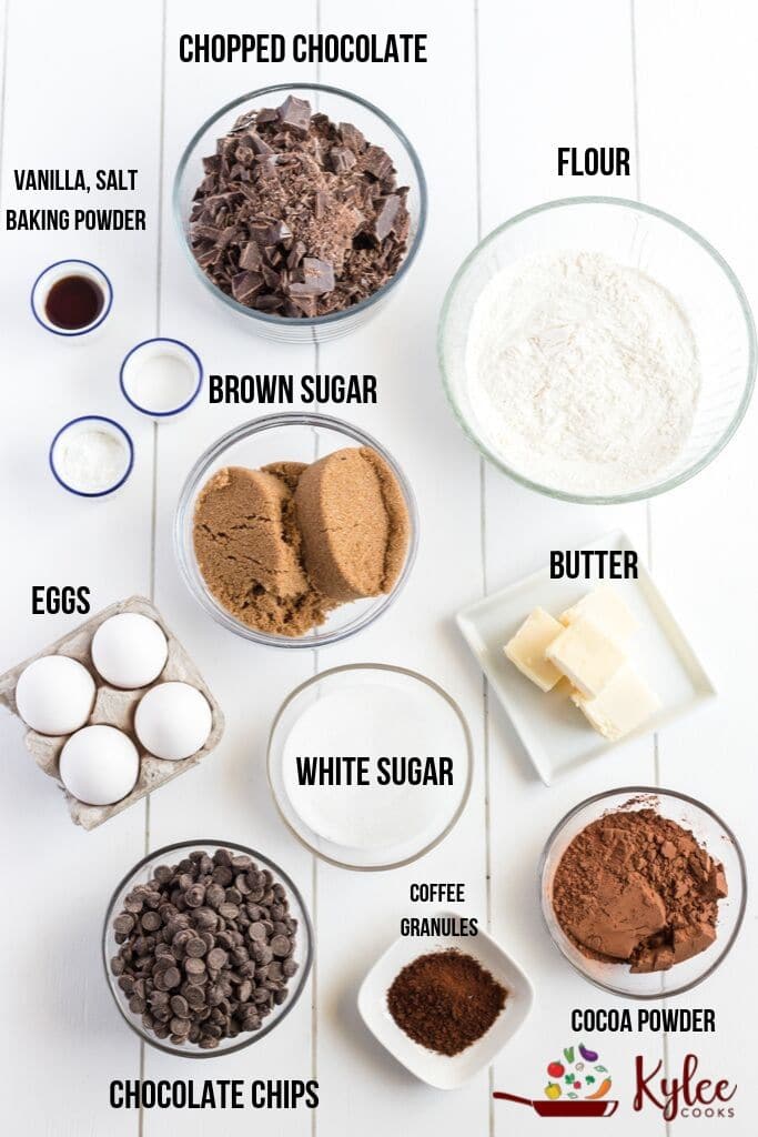 triple chocolate cookie ingredients laid out and labeled