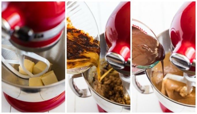 collage of process shots to make triple chocolate cookies (pouring liquid)