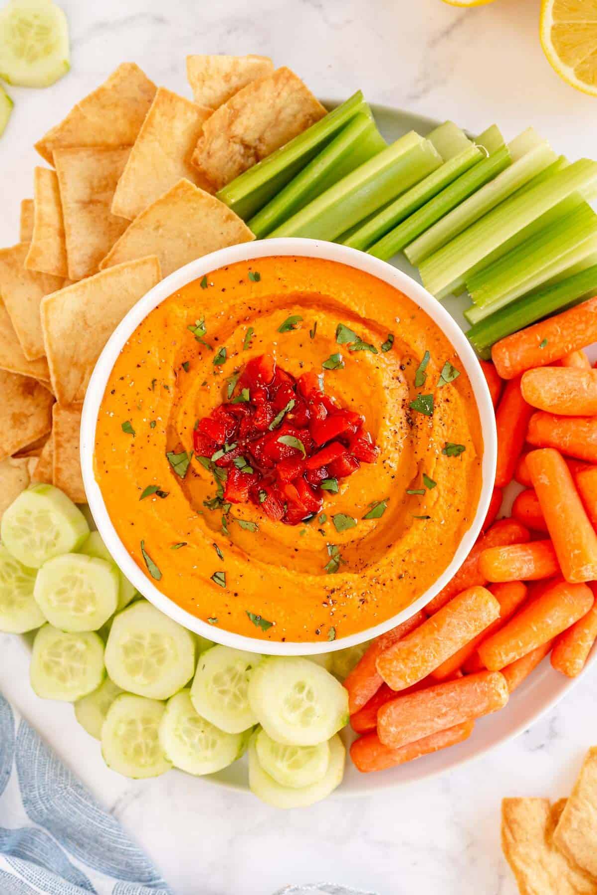 hummus with pita, carrots, celery and cucumbers