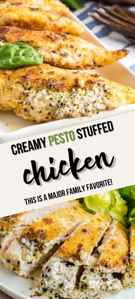 pesto stuffed chicken pin with text overlay