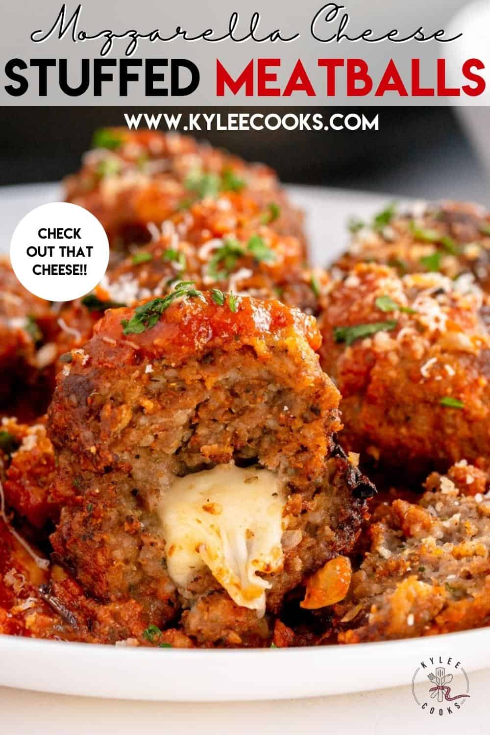 mozzarella cheese stuffed meatballs with recipe name overlaid in text