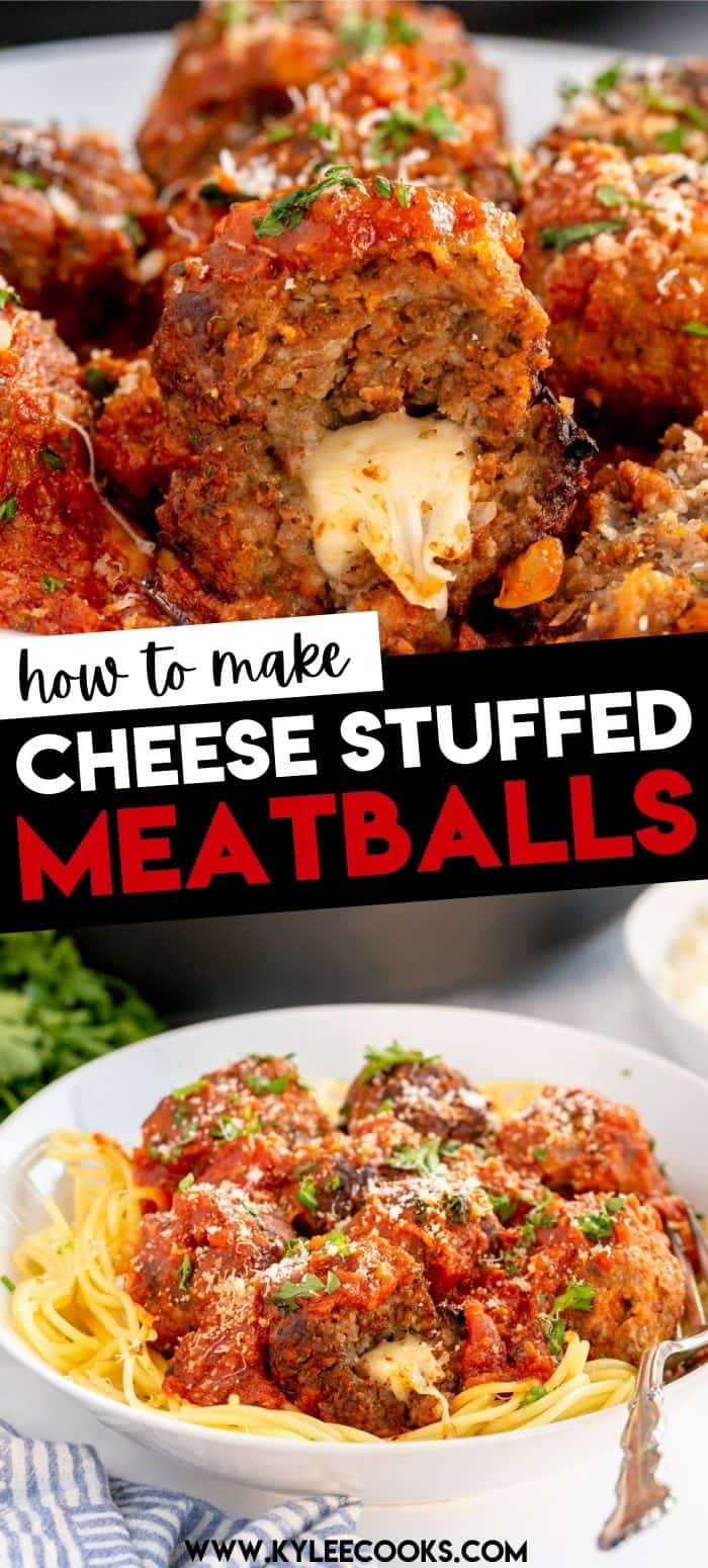 collage of mozzarella cheese stuffed meatballs with recipe name overlaid in text