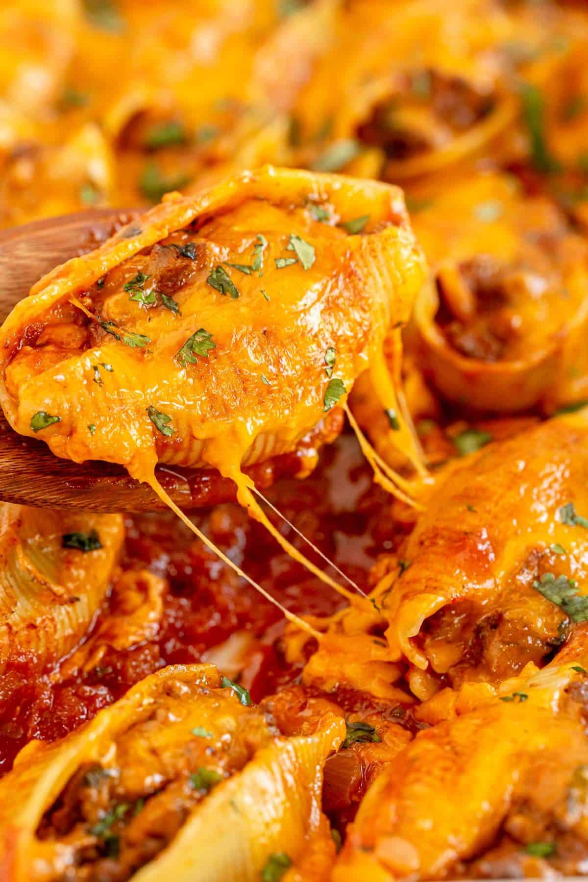 stuffed shells close up being removed from pan for serving