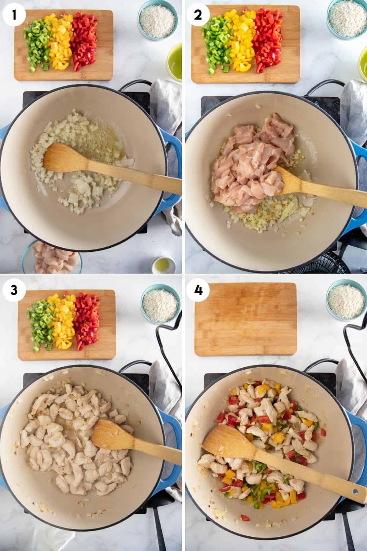 collage of steps 1-4 on how to make chicken risotto
