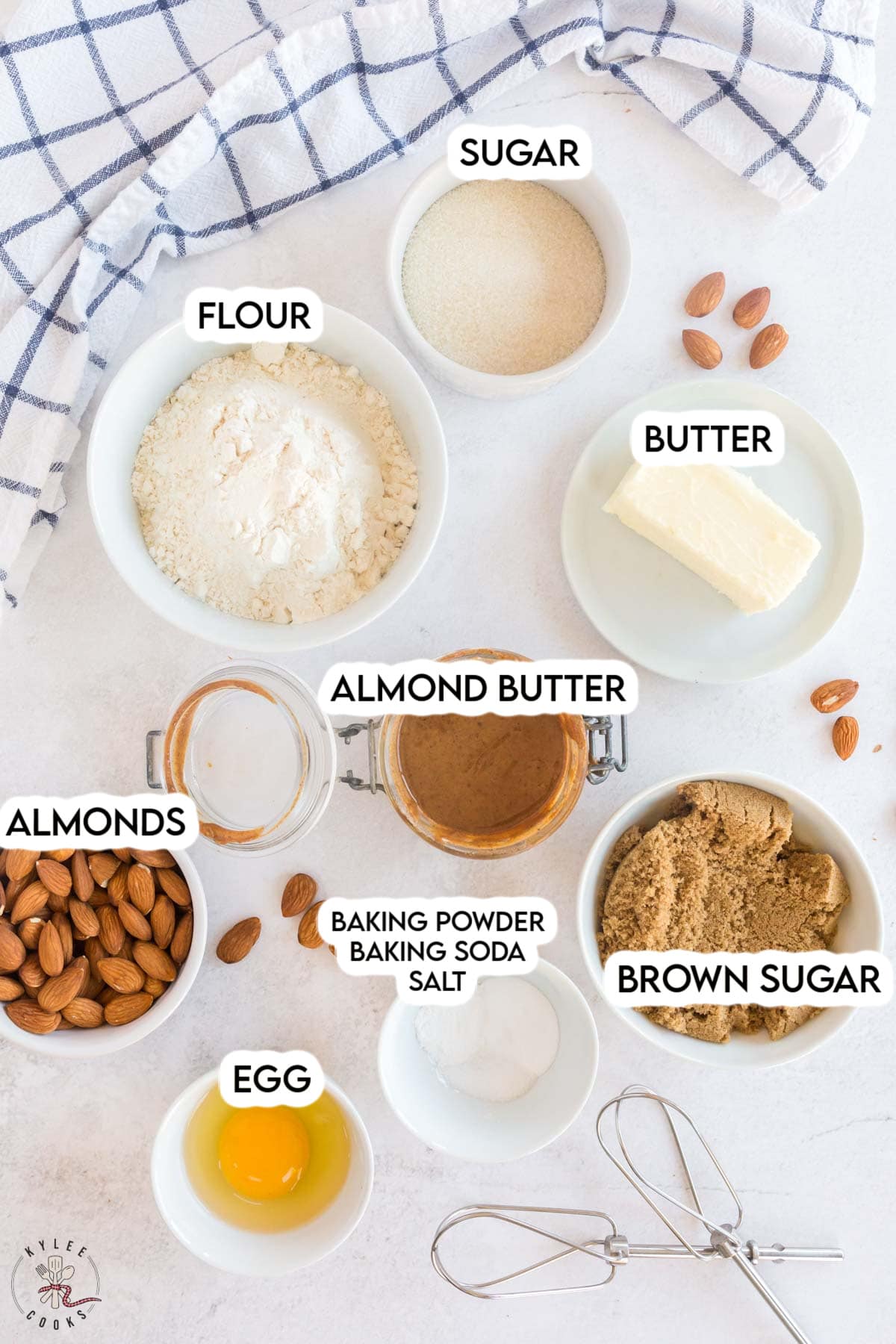 almond butter cookies ingredients laid out and labeled