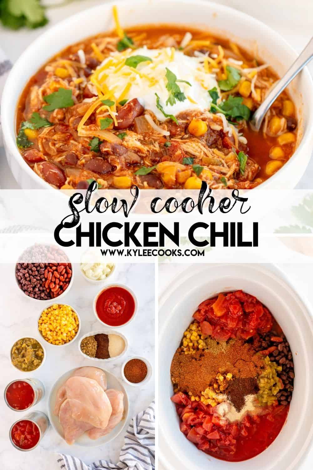 bowl of chicken chili with recipe title in text overlay