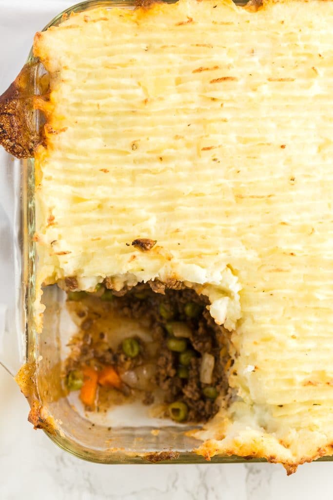 shepherd's pie shot from above, with scoop taken out