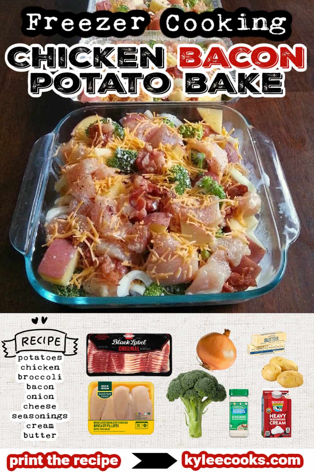 chicken bacon potato bake with ingredients overlaid in text