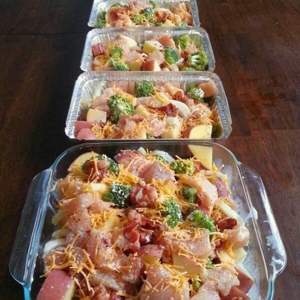 chicken broccoli potato bake lined up in baking dishes