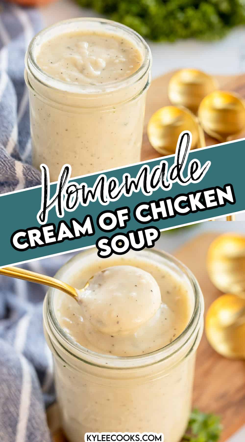 collage of homemade cream of chicken soup with text overlay that says cream of chicken soup.