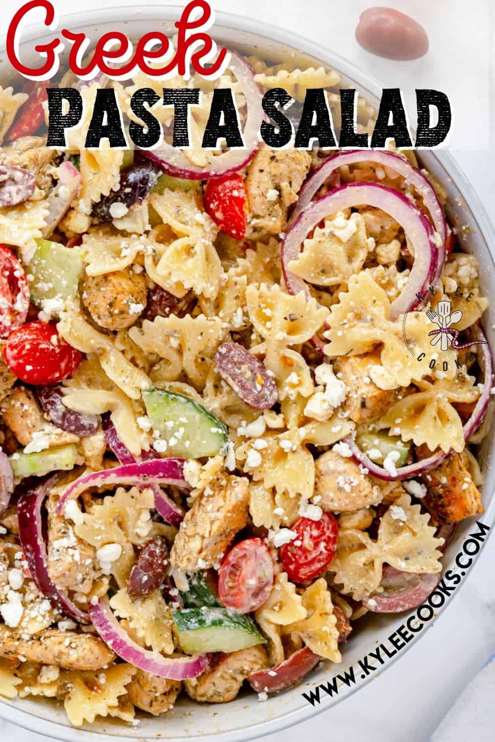 greek pasta salad with text overlaid