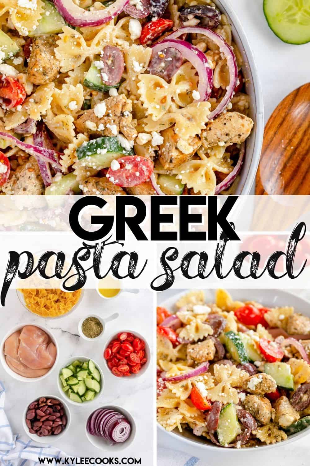 greek pasta salad with ingredients in text overlaid