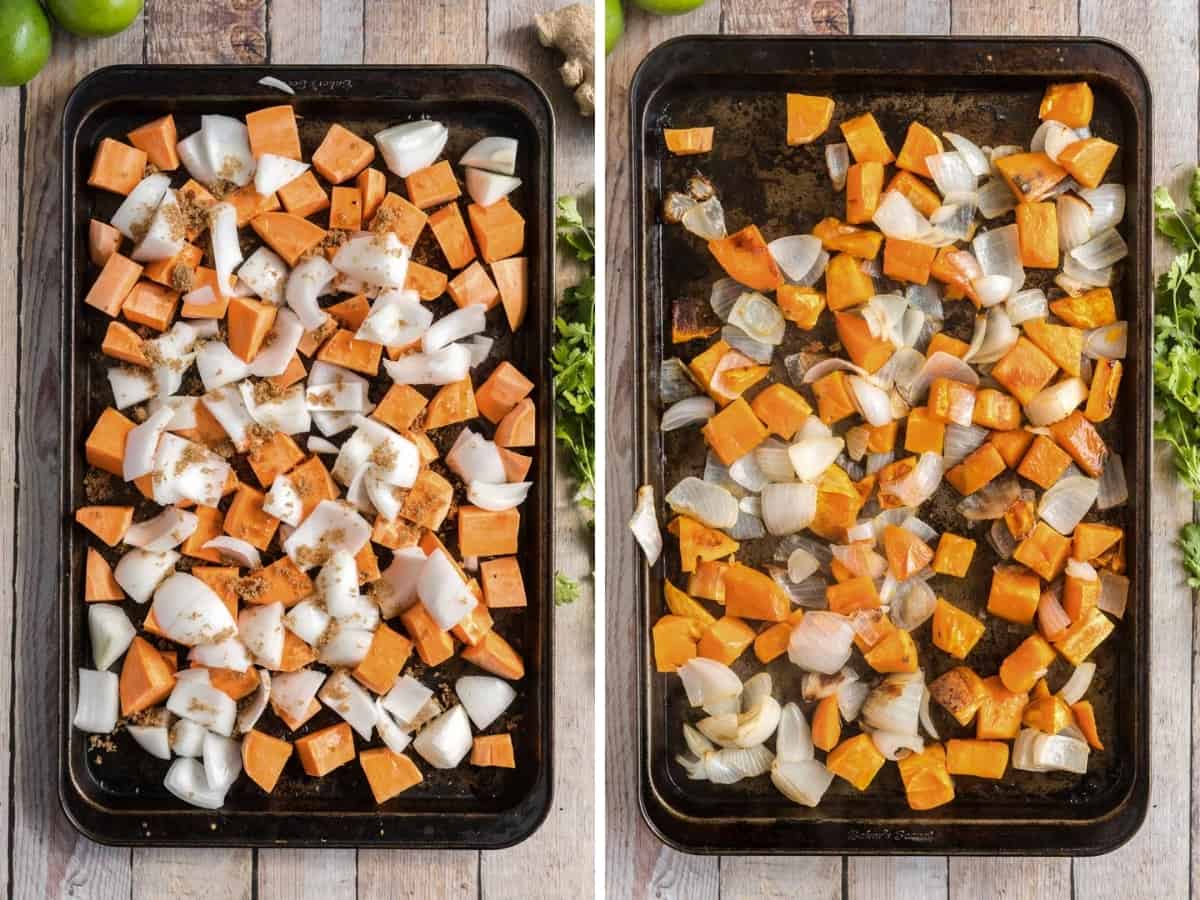 collage showing the process of roasting sweet potatoes and onions