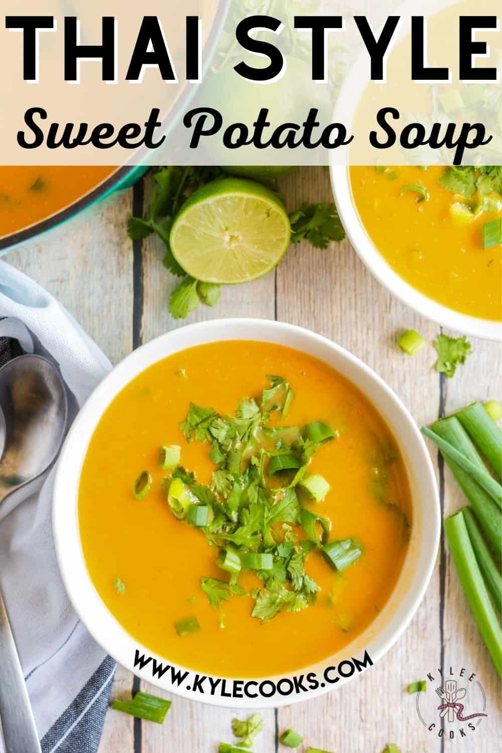 sweet potato soup in a white bowl with recipe title in text overlaid