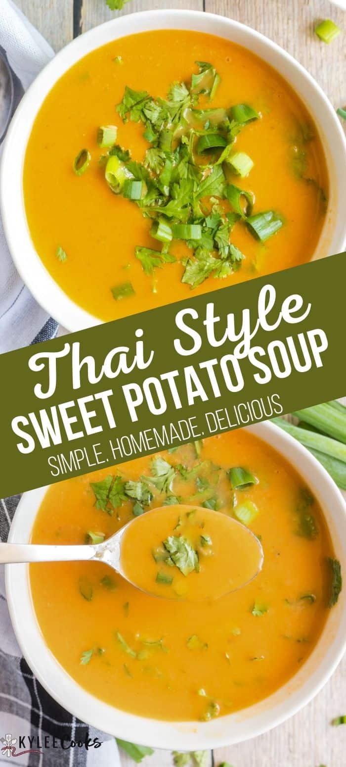 collage of sweet potato soup in a white bowl with recipe title in text overlaid