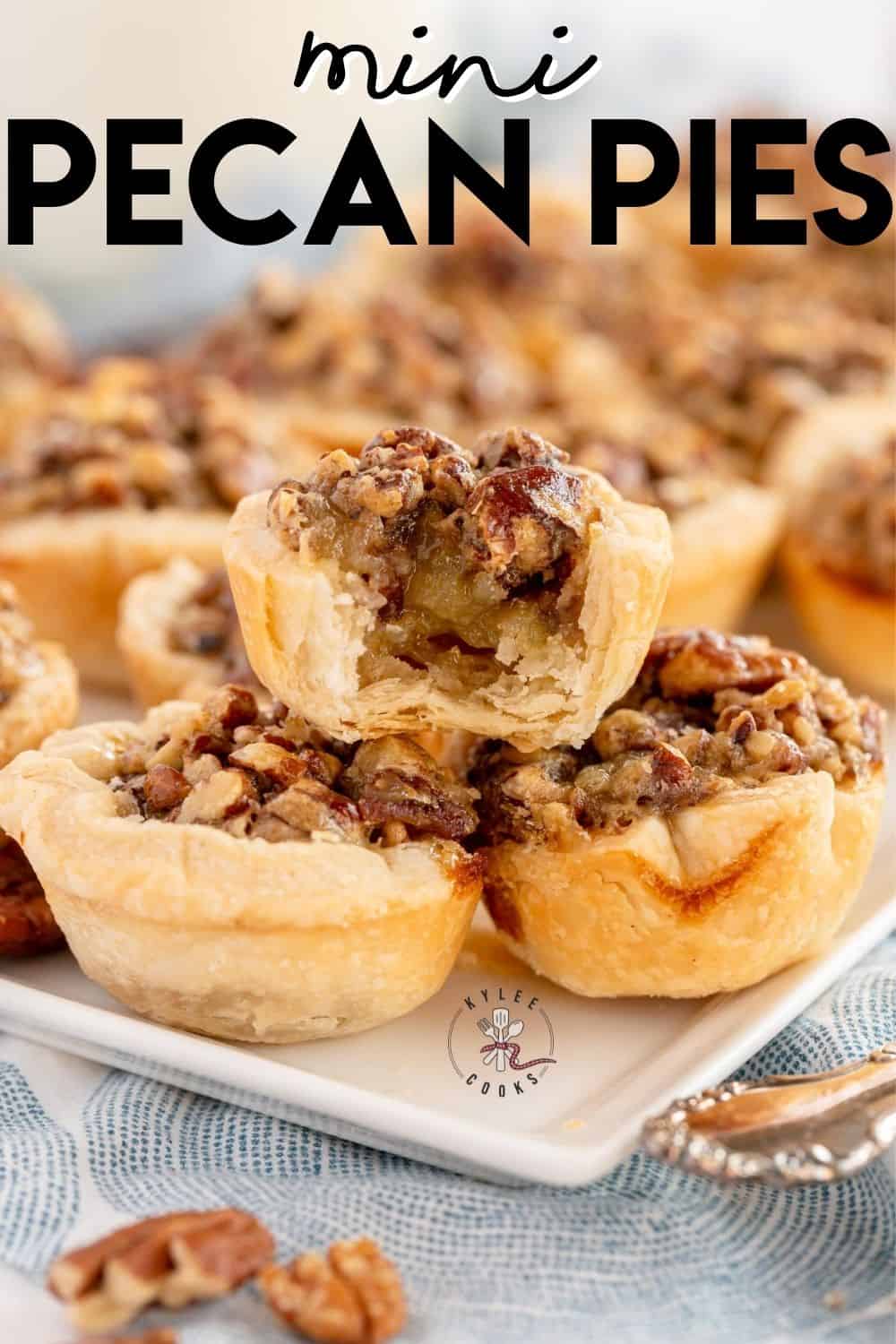 mini pecan pies with recipe title overlaid in text