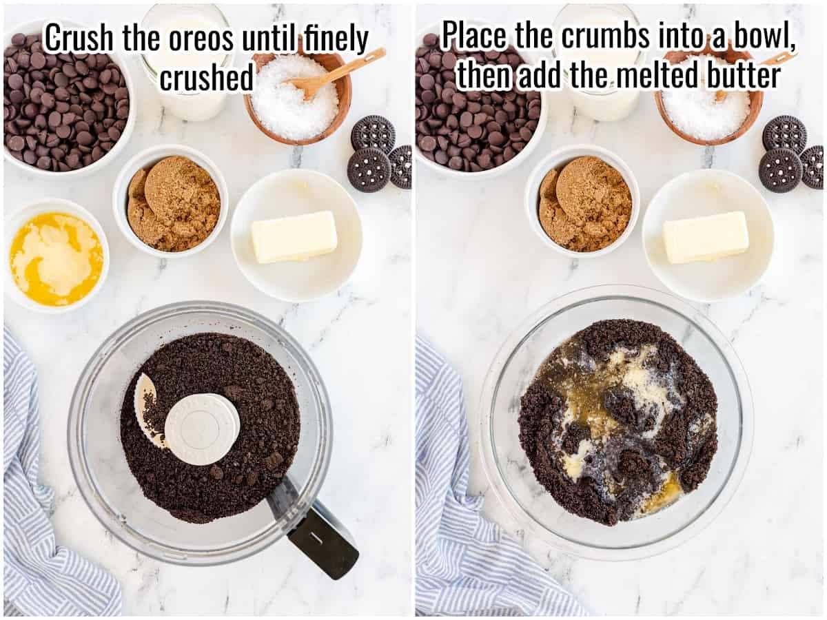 collage of process for making a chocolate pie crust.