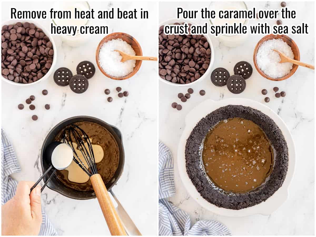 collage of process for making caramel filling for chocolate pie.