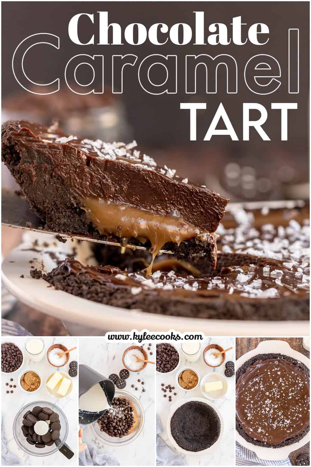 Chocolate Caramel tart in a pie plate with a slice being removed.