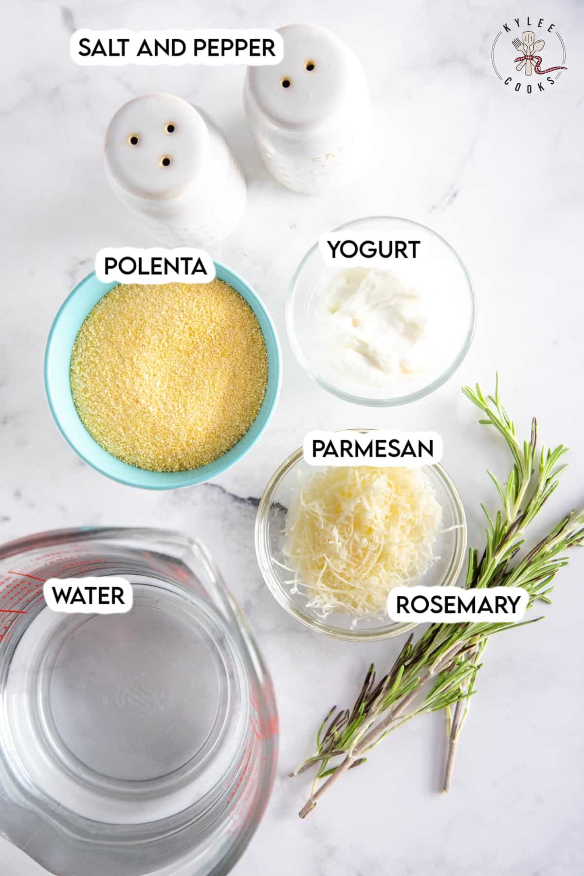 ingredients to make parmesan polenta laid out and labeled