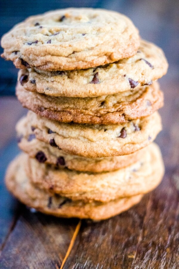 chocolate chip cookies in a stack