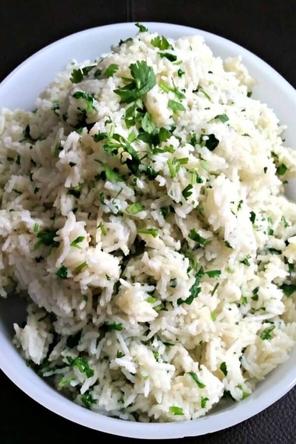 cilantro lime rice in a white dish