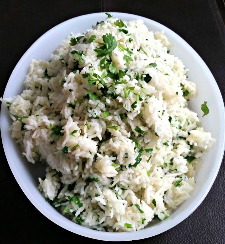 cilantro lime rice in a white dish