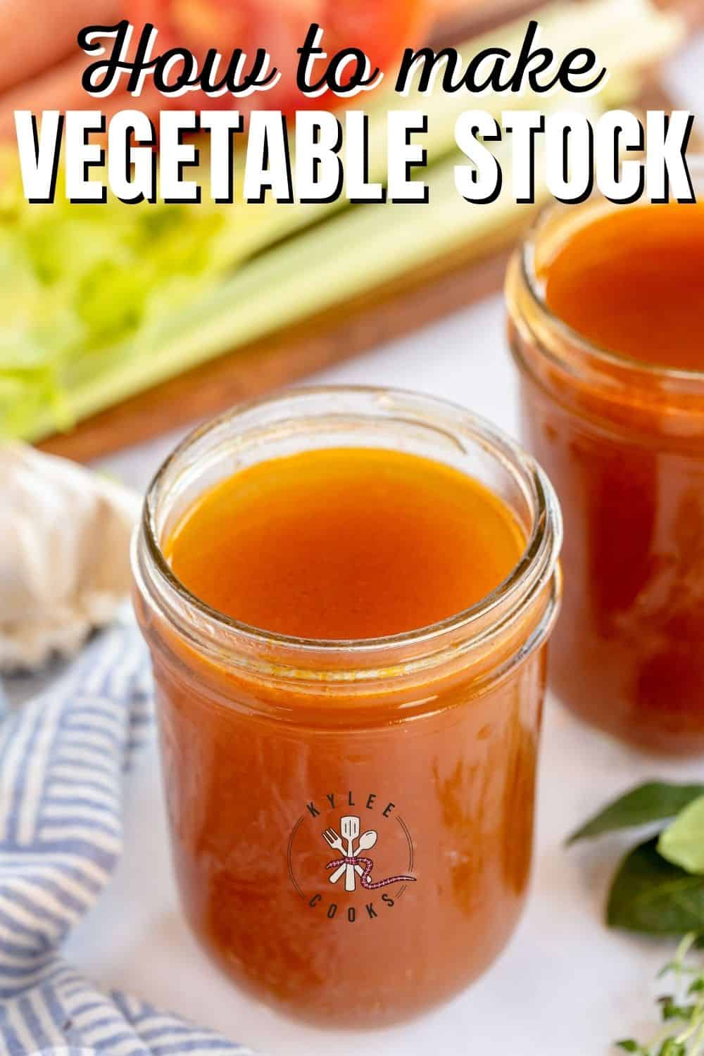 vegetable stock in a jar with recipe name overlaid in text