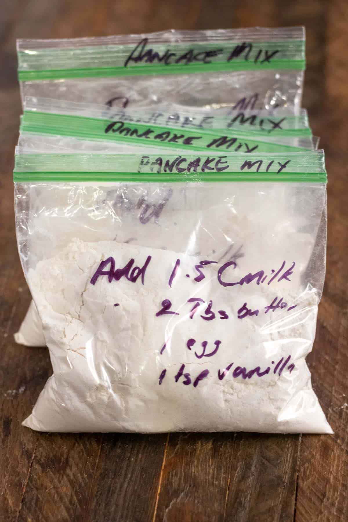 baggies of homemade pancake mix labeled with additional ingredients