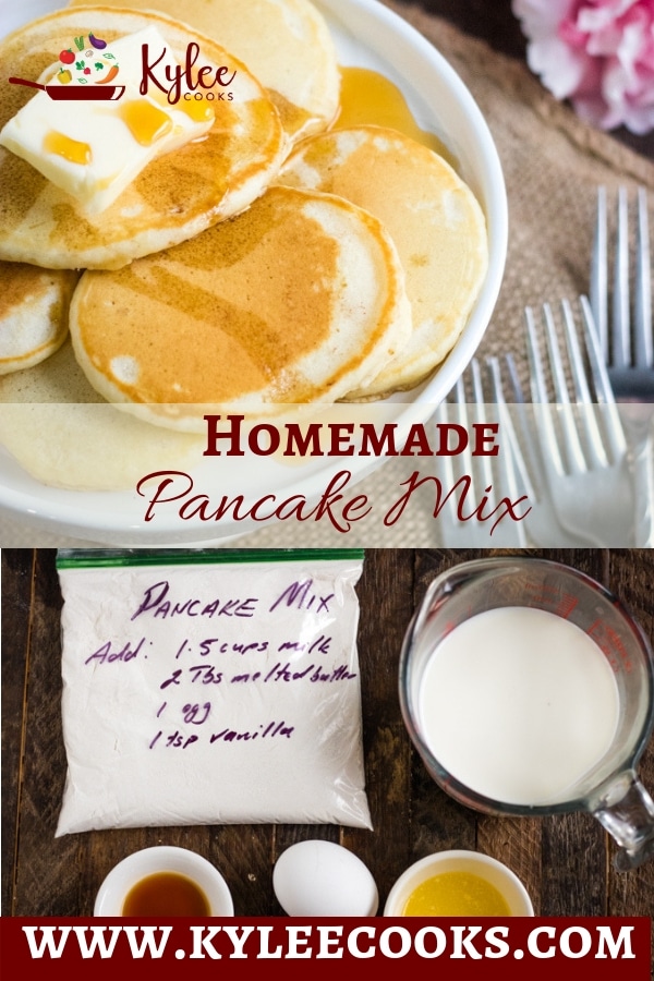 Collage with pancakes topped with butter and syrup at the top and individual homemade pancake mix ingredients at the bottom.