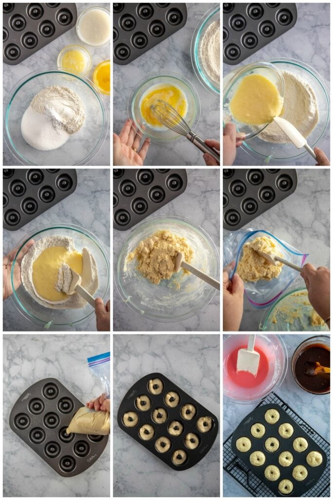 collage showing the process of making baked donuts