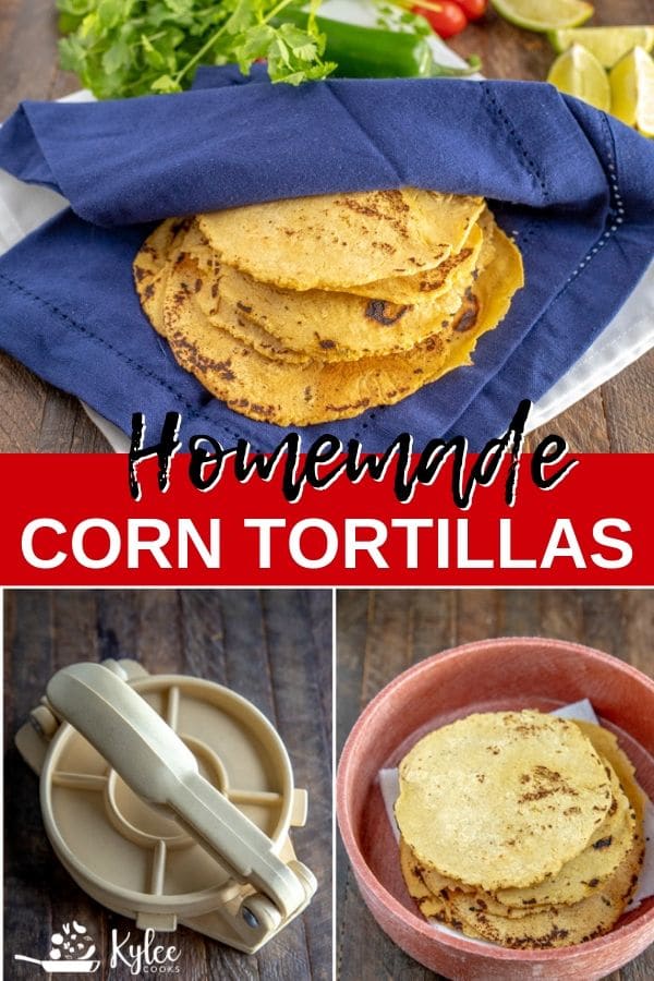 collage of homemade corn tortillas with recipe name overlaid in text.