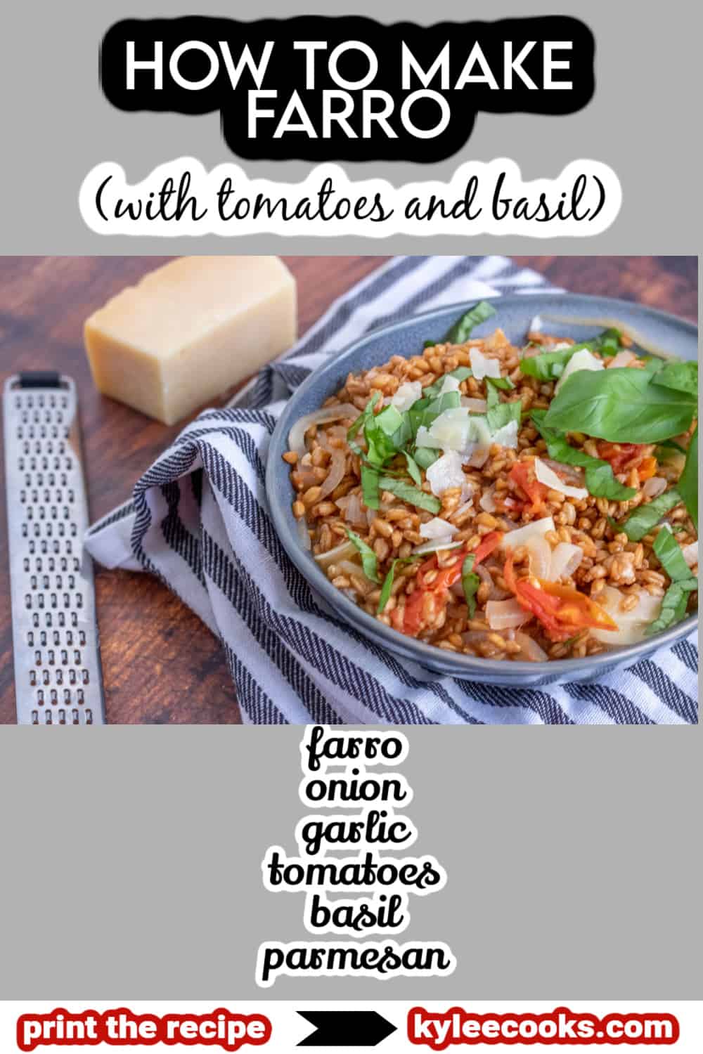farro in a blue bowl with parmesan and basil