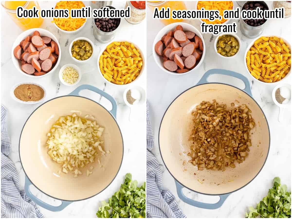 collage of process, showing cooked onion and garlic.