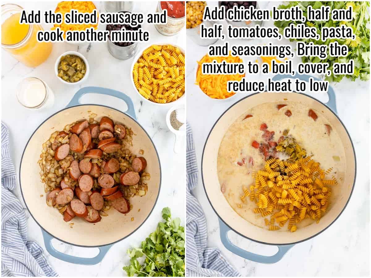collage of process, showing cooked sausage and liquids added.