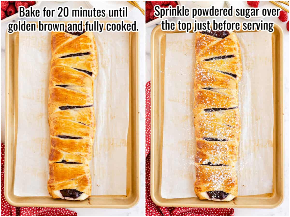 Two pictures illustrating how to bake a raspberry danish.