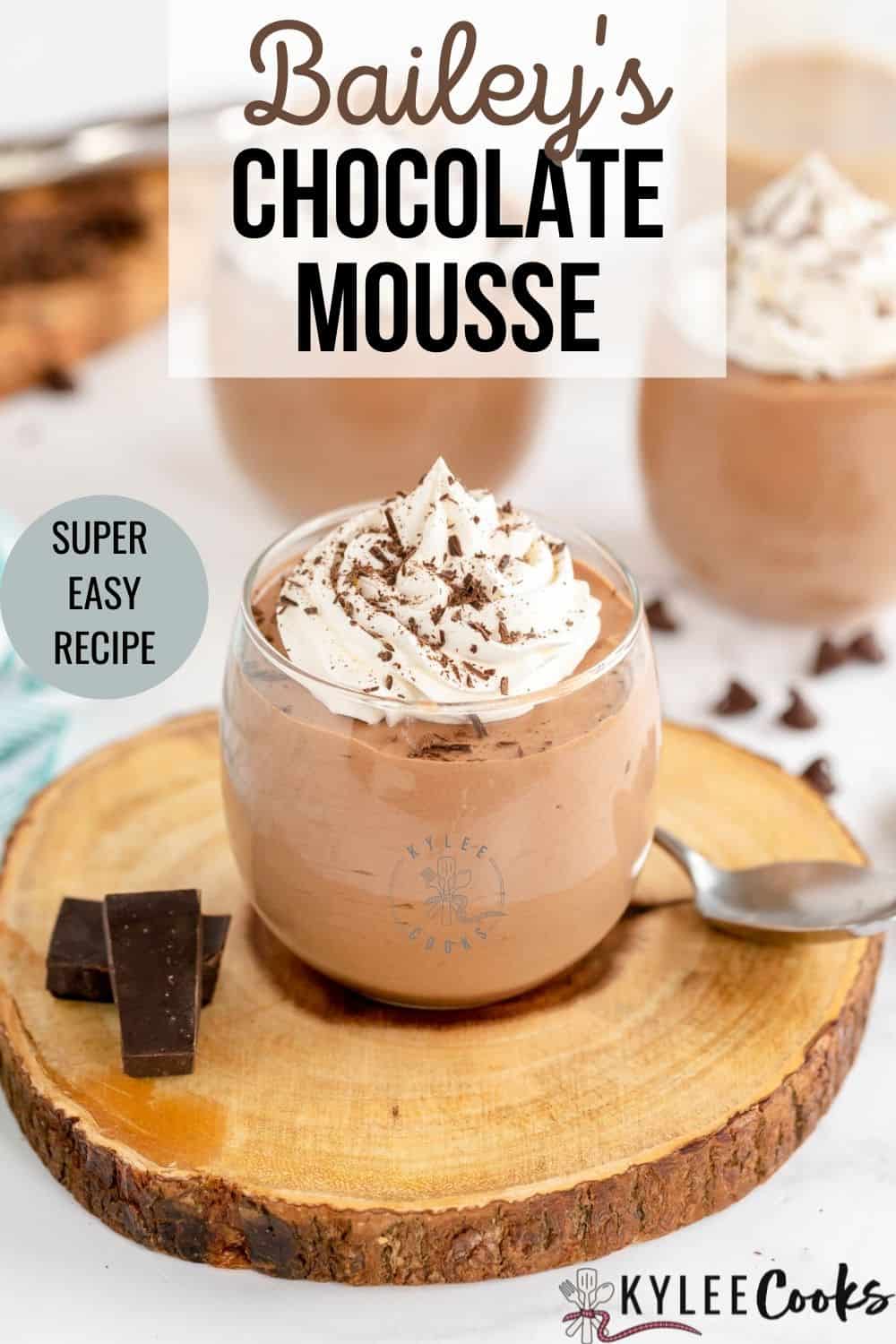 chocolate mousse on a wooden board with recipe name overlaid in text
