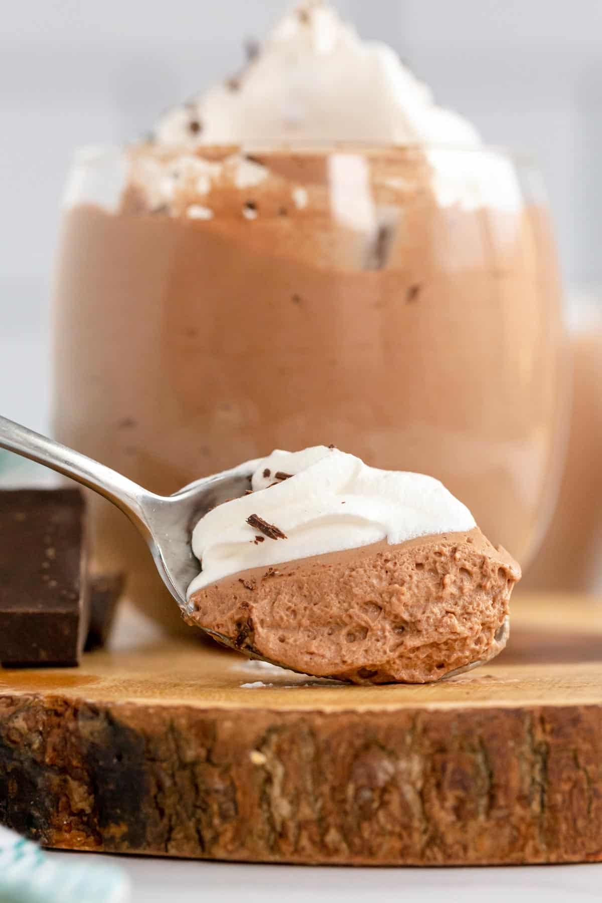 spoonful of chocolate mousse showing texture