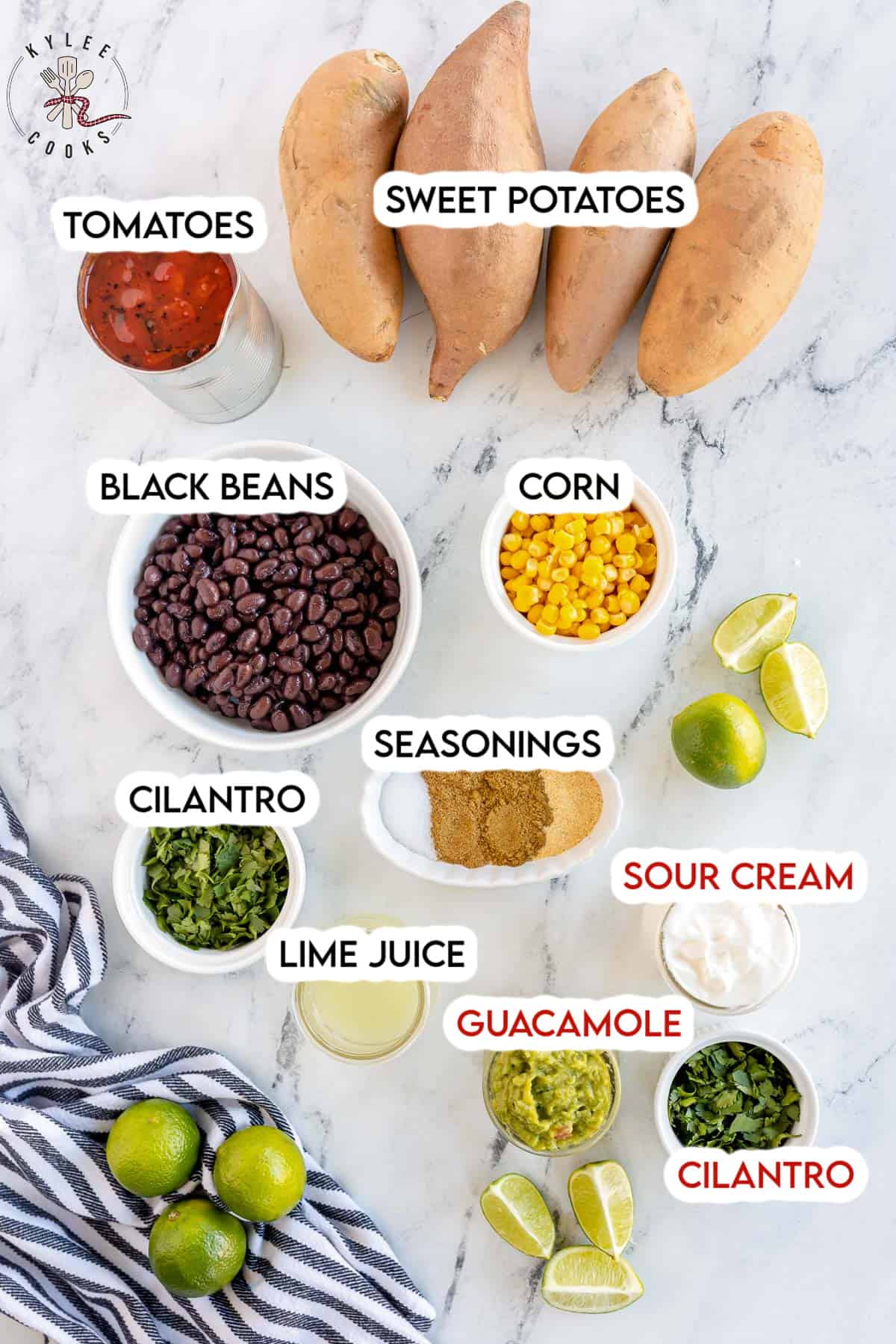 ingredients to make stuffed sweet potatoes laid out and labeled.