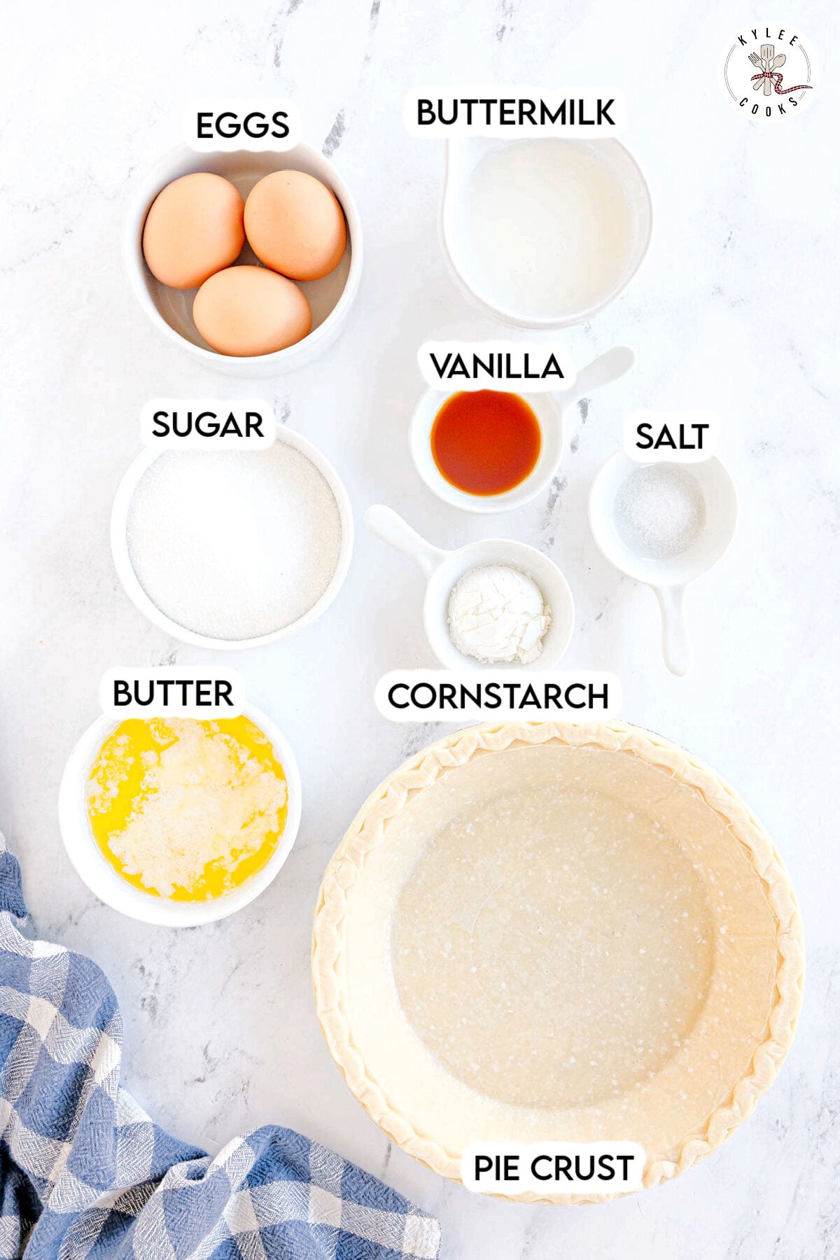 Buttermilk Pie ingredients laid out and labeled