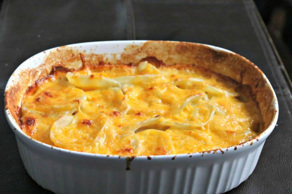 baked scalloped potatoes in a baking dish
