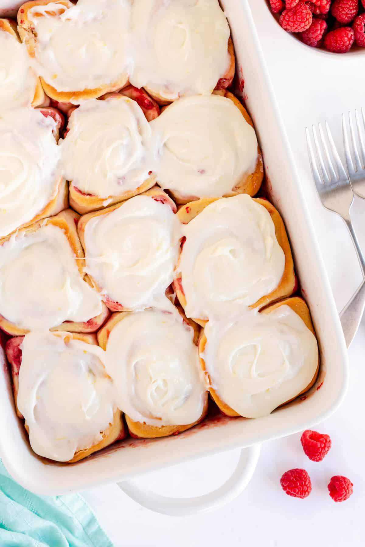 raspberry rolls in a white casserole