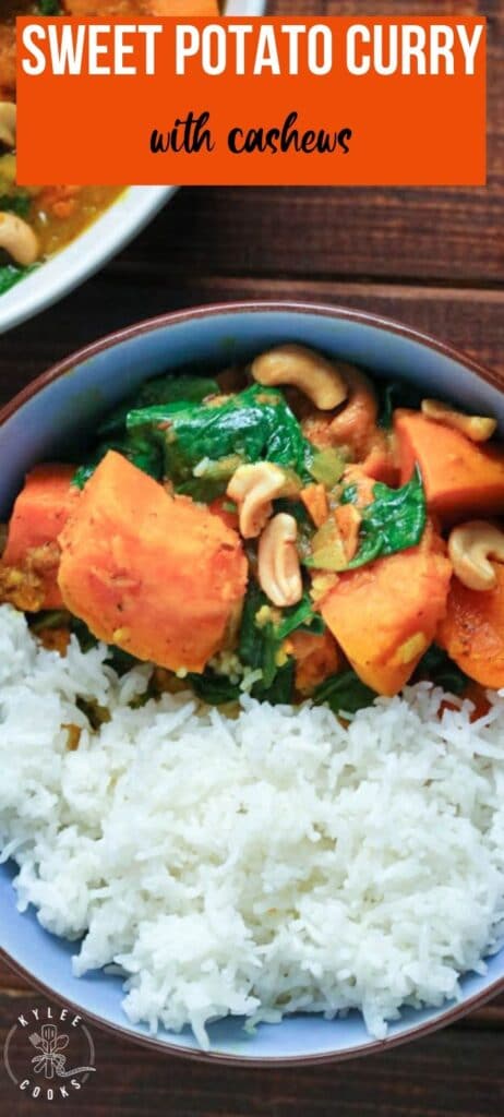 sweet potato curry in a bowl with recipe name overlaid in text.
