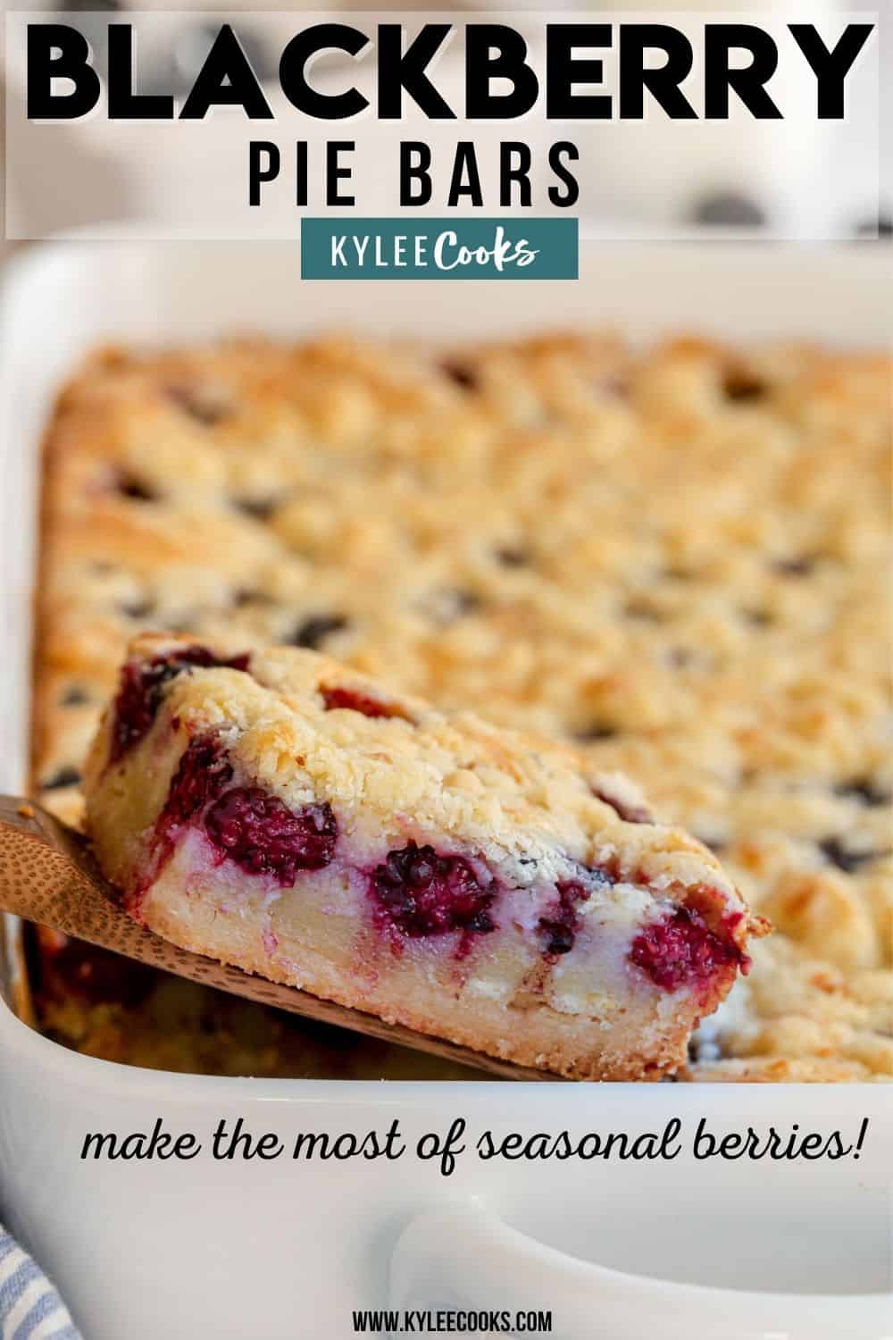 blackberry pie bars in a baking dish being removed with recipe title in text overlay