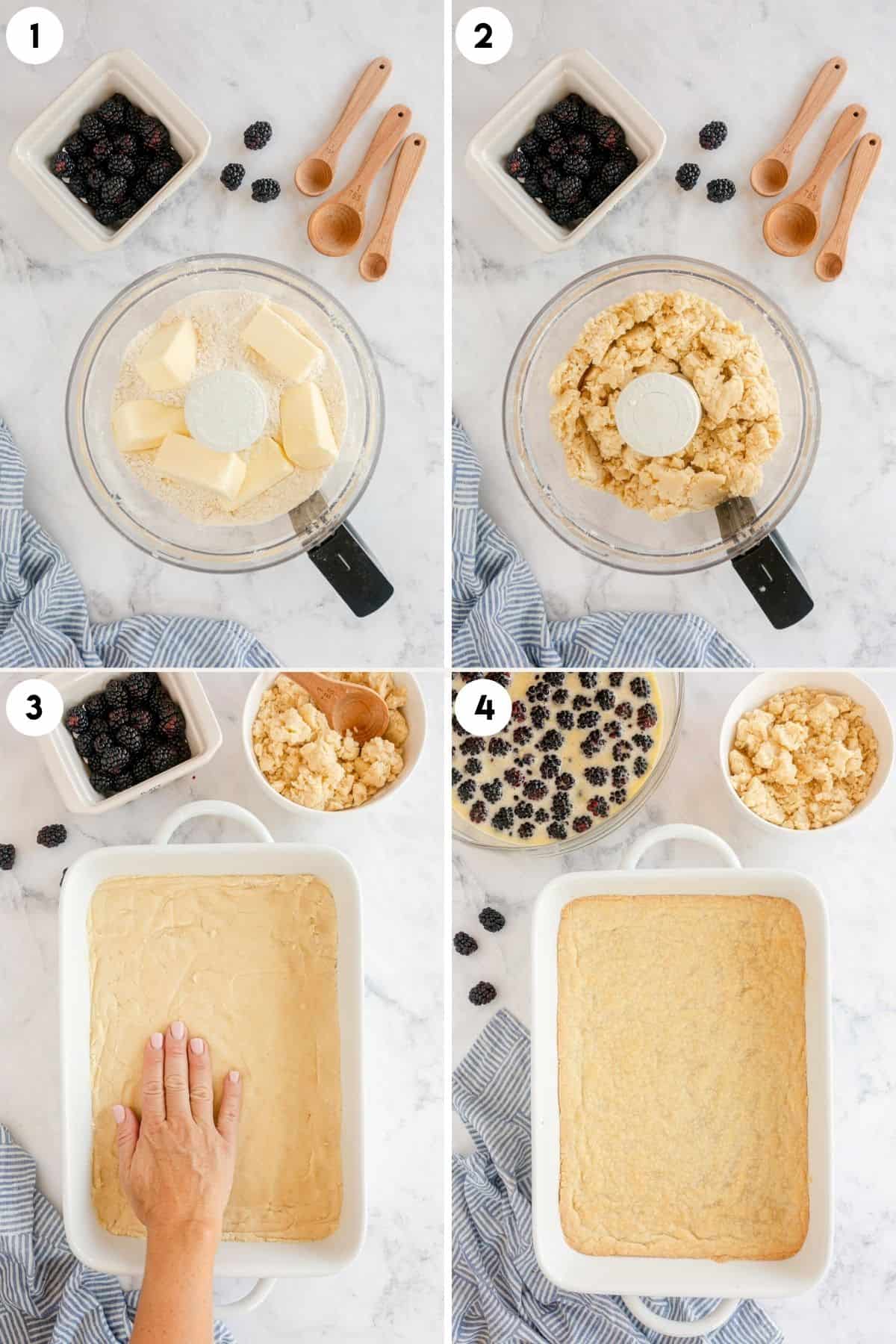 collage of process shots showing how to make the base for blackberry pie bars