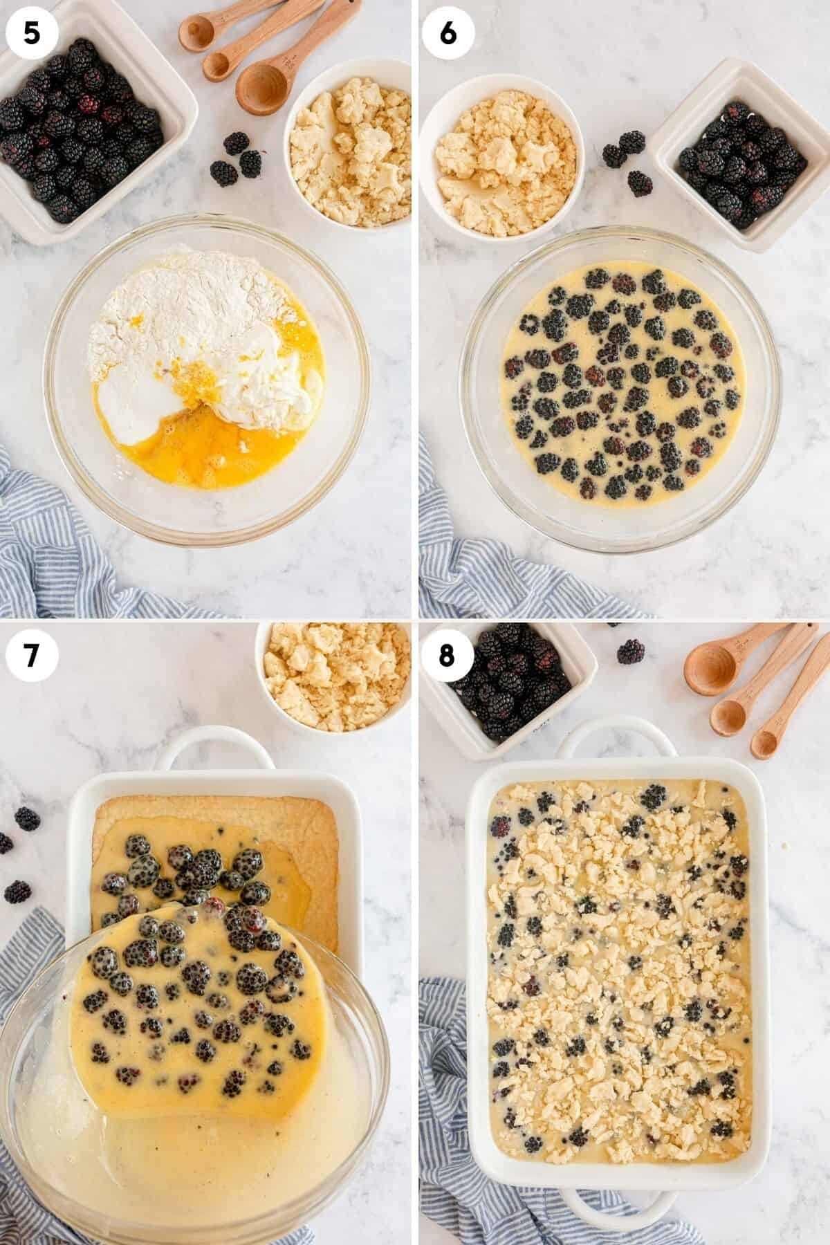 collage of process shots showing how to make the filling for blackberry pie bars