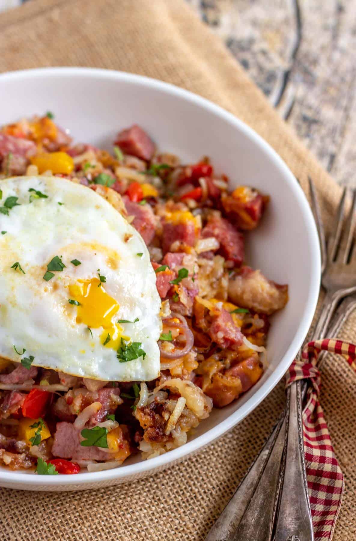 corned beef hash with an egg on top