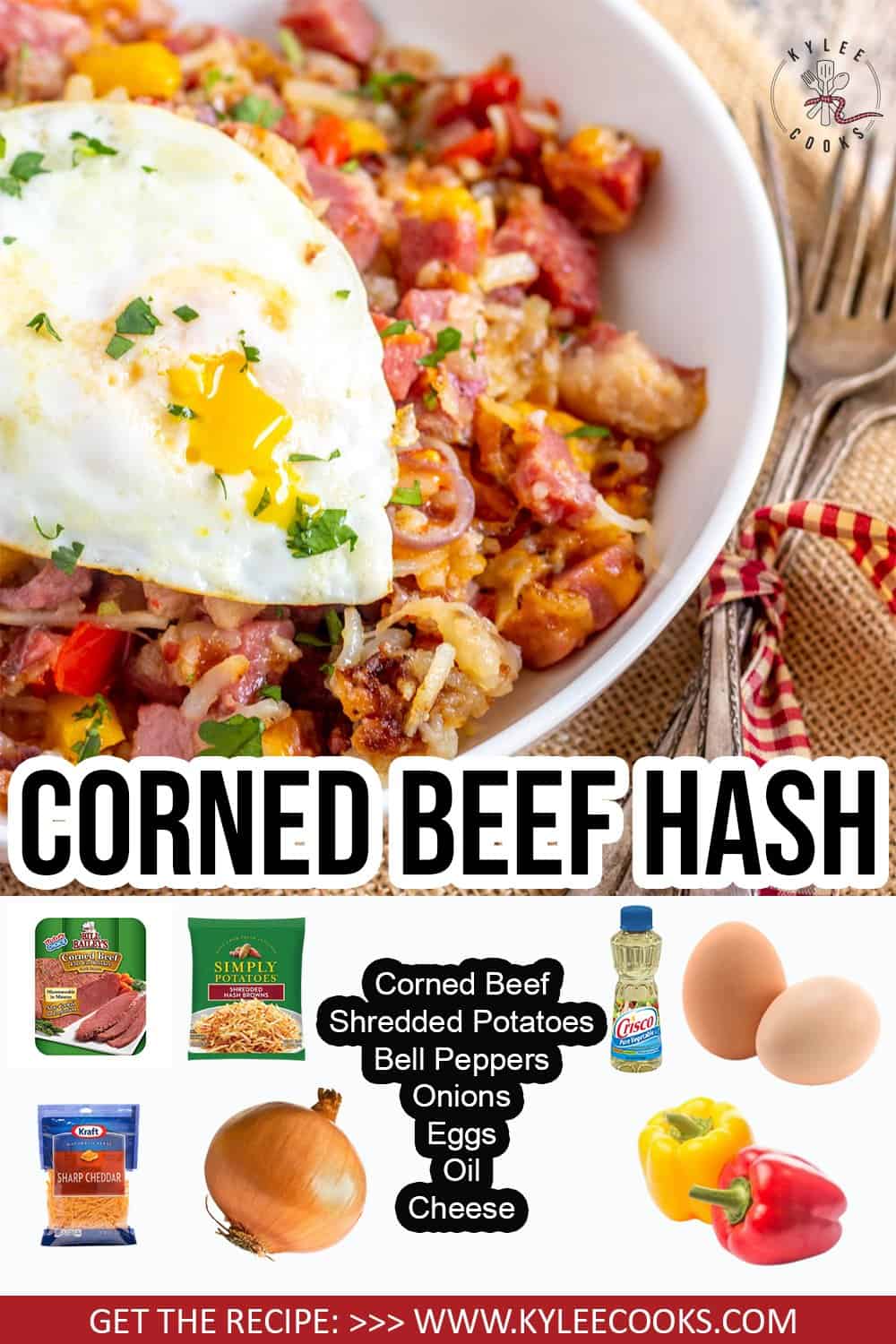 corned beef hash in a skillet with fried eggs with recipe name overlaid in text